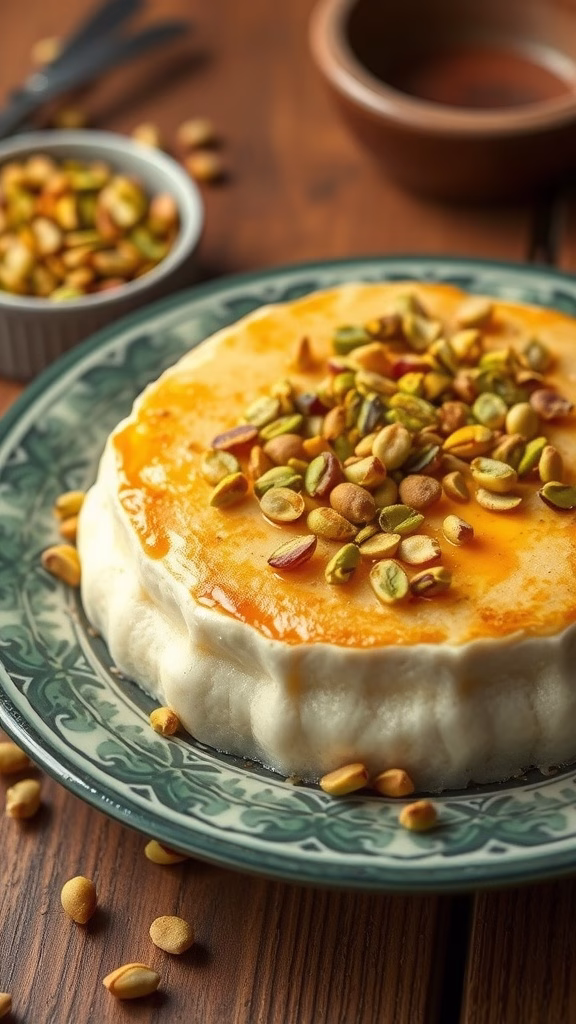 Plate of künefe topped with crushed pistachios