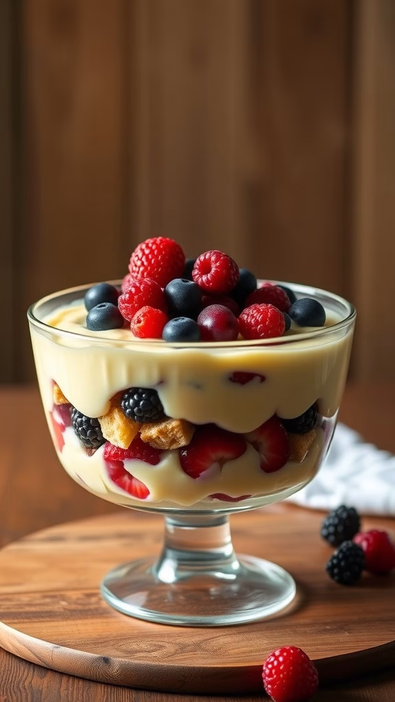 A beautiful ladyfinger trifle layered with custard and topped with fresh berries.