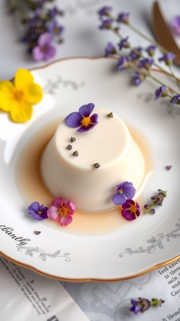 Lavender and Honey Panna Cotta served on a decorative plate with edible flowers.