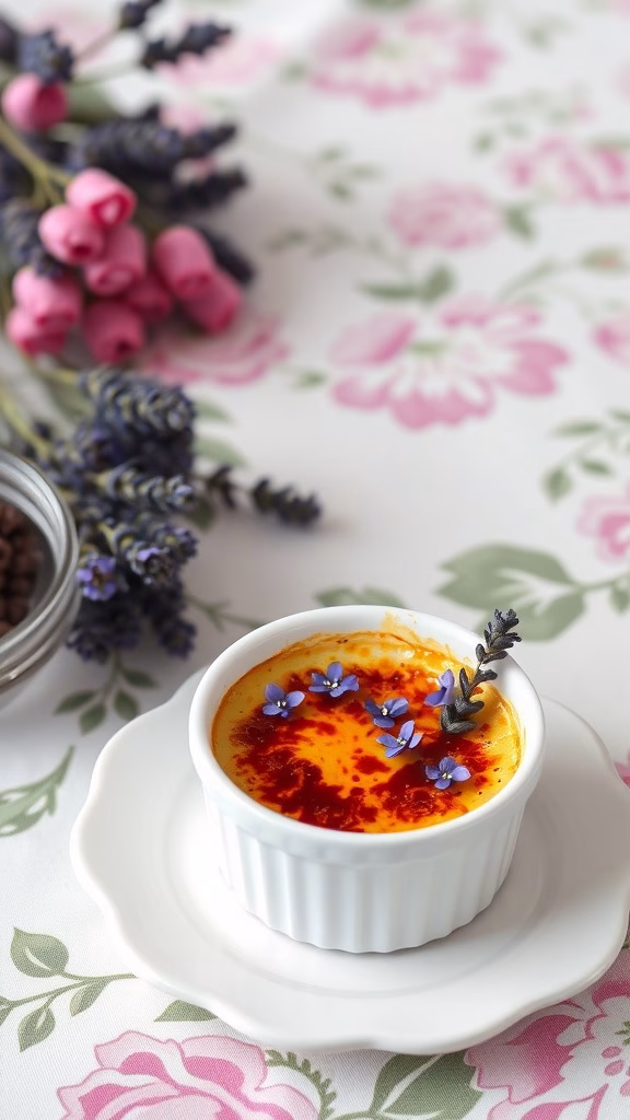 Lavender crème brûlée served in a white ramekin garnished with lavender and blue flowers on a floral tablecloth.
