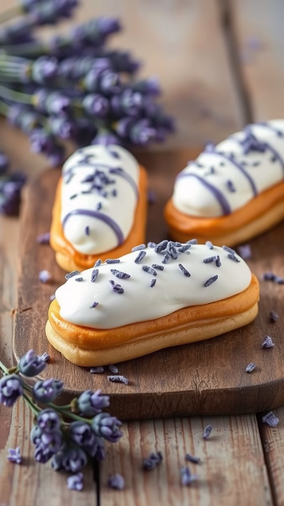 Lavender Honey Éclairs on a wooden board
