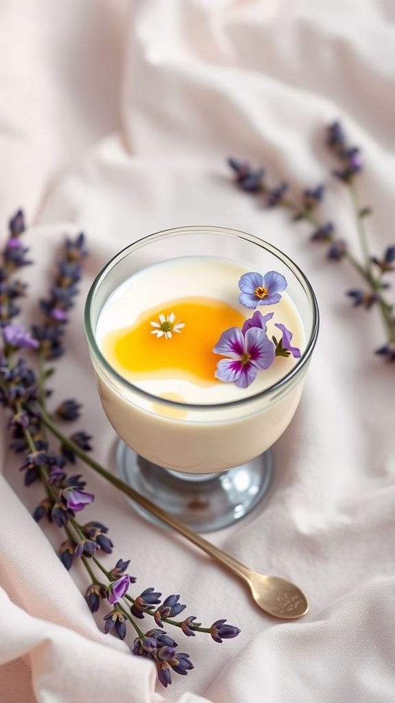 A beautiful lavender honey panna cotta garnished with flowers, served in a glass cup.