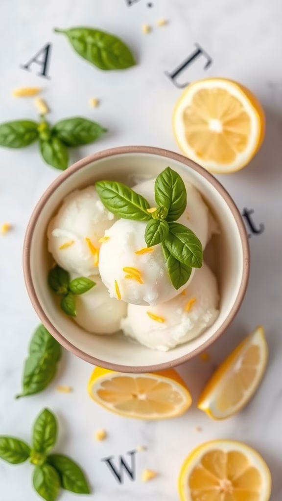 A bowl of lemon and basil sorbet garnished with lemon zest and fresh basil leaves.