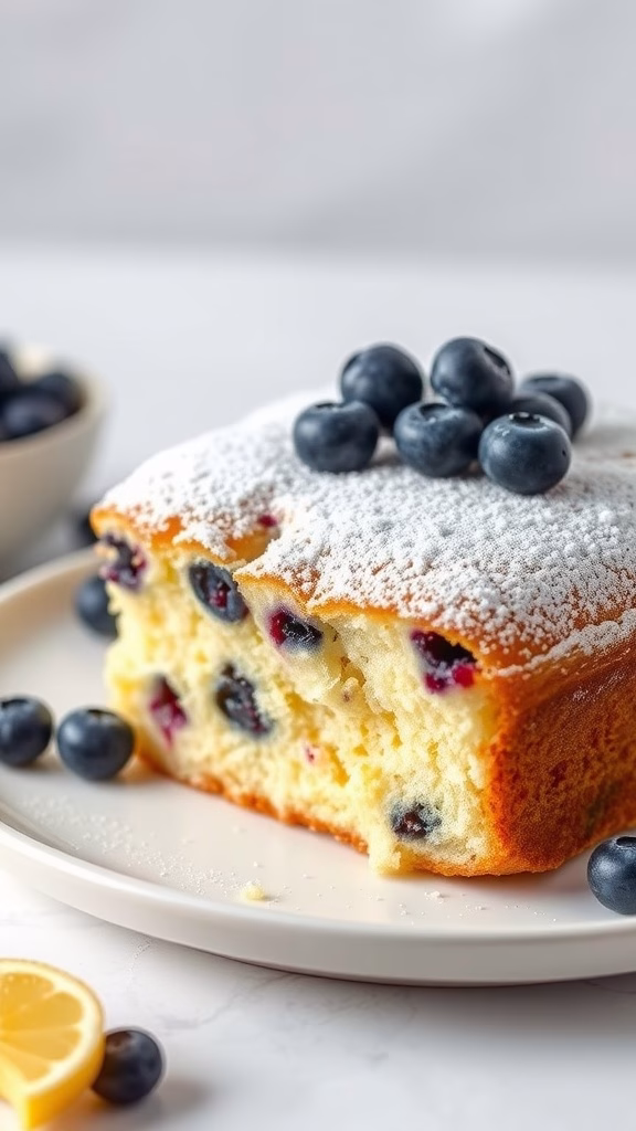 A slice of lemon blueberry almond cake topped with blueberries and powdered sugar