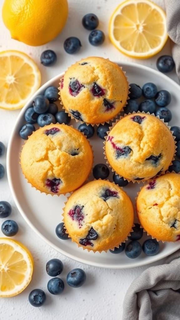 Delicious homemade lemon blueberry muffins on a plate with fresh blueberries and lemon slices.