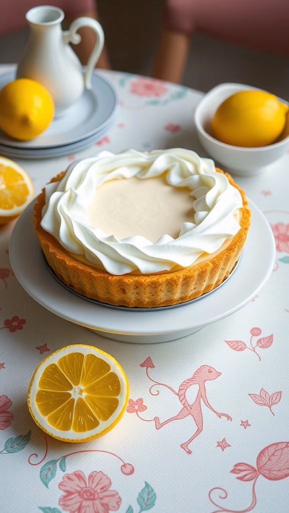 A lemon chiffon pie on a decorative table with fresh lemons and cream.
