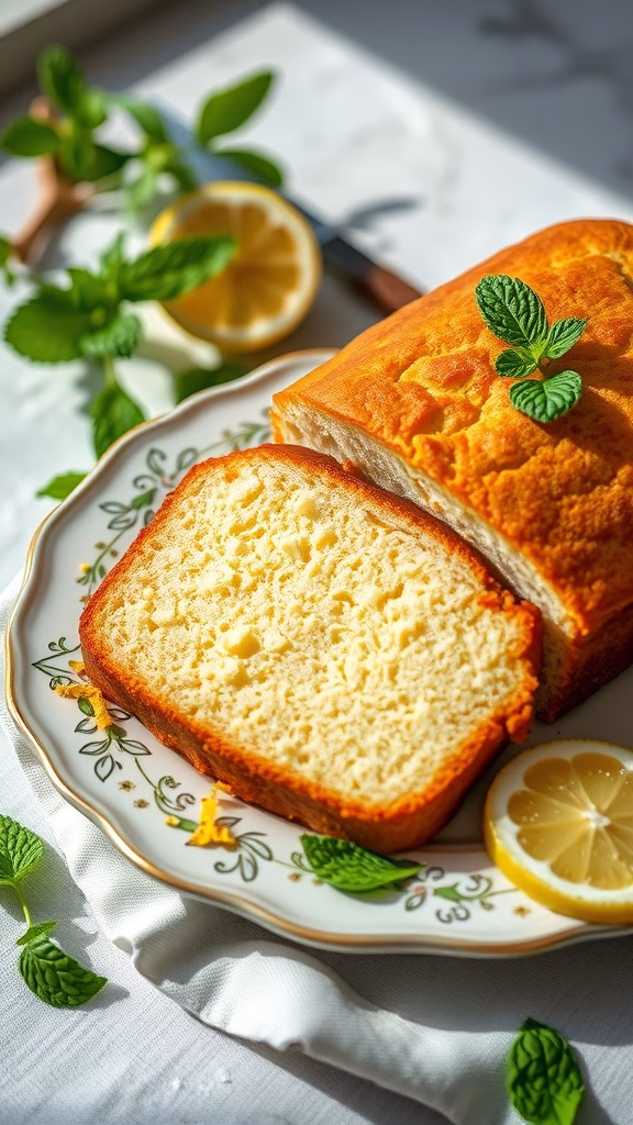 Lemon Cream Cheese Pound Cake sliced on a plate with lemon slices and mint leaves