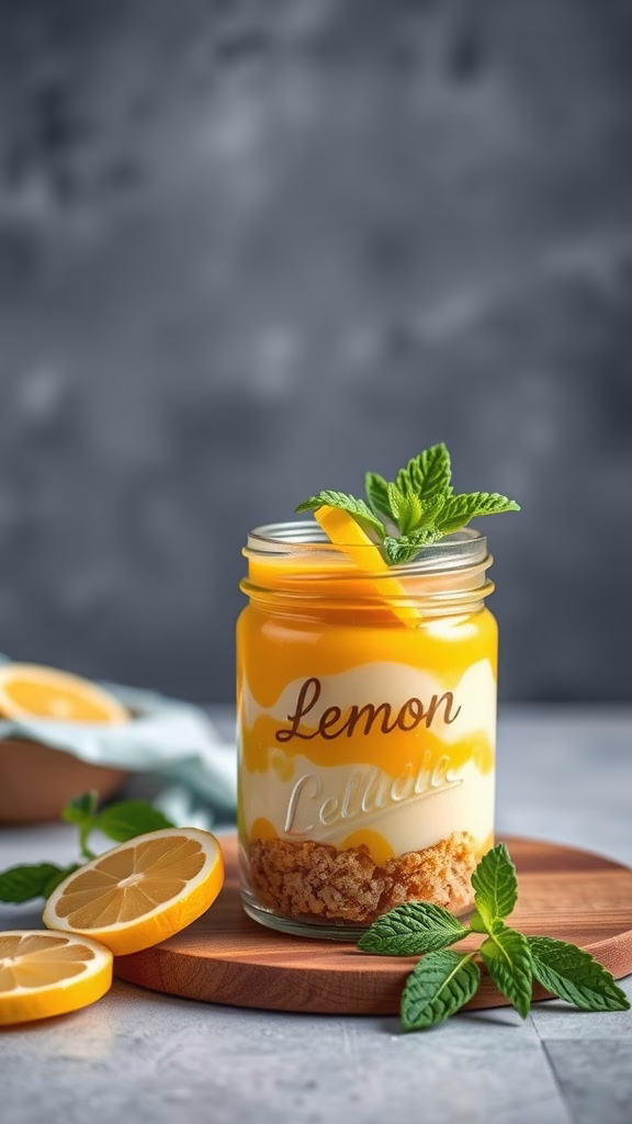 Dessert in a jar with lemon curd and shortcake layers, garnished with mint.