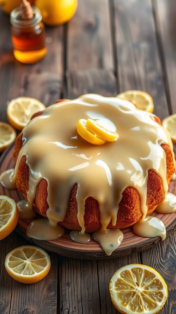 A delicious lemon honey glaze drizzling over a cake.