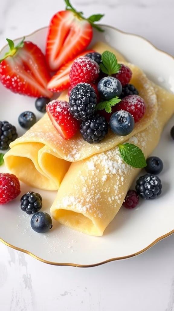Delicious lemon ricotta crepes served with fresh berries and mint on a plate.