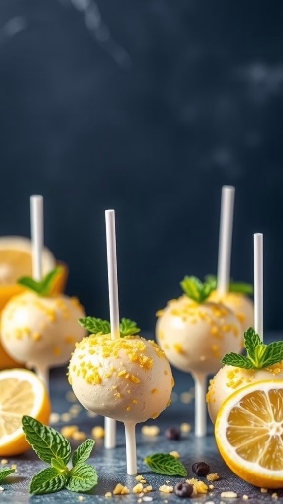 Delicious lemon zest cake pops decorated with sprinkles and lemon slices.
