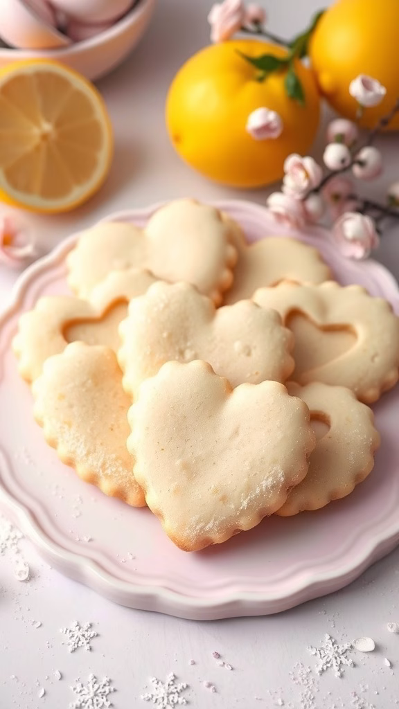 Lemon zest cookies shaped like hearts on a plate.