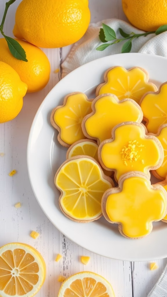 Lemonade glazed sugar cookies on a plate, garnished with lemon slices.