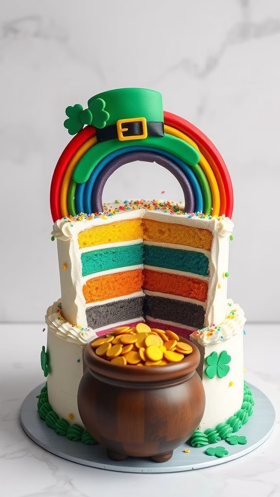 A colorful Leprechaun Rainbow Cake decorated with a rainbow and a pot of gold.