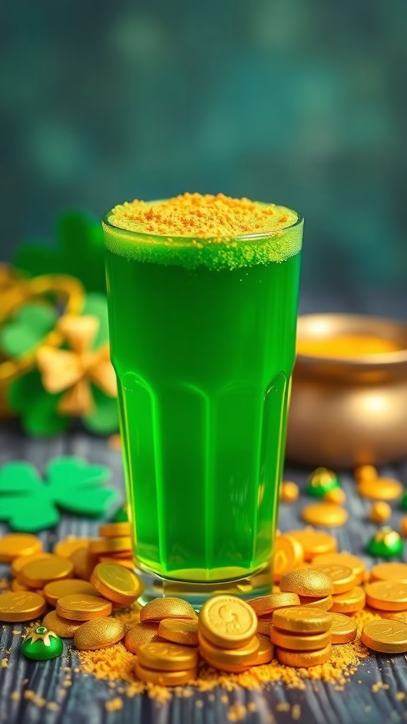 A vibrant shot representing Leprechaun's Gold with layers of green and garnished with gold sprinkles.