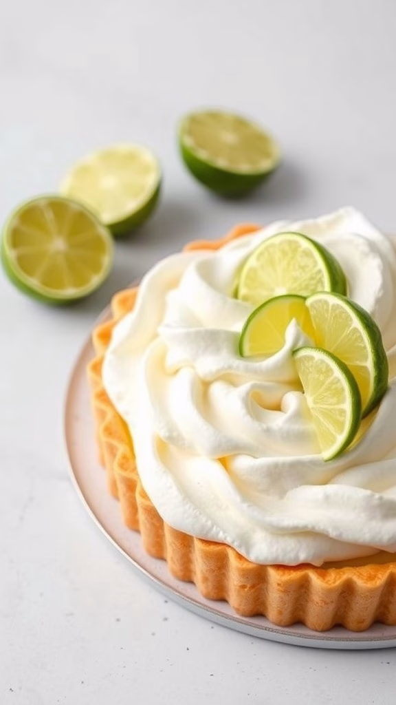 A delicious lime tart topped with whipped cream and lime slices.