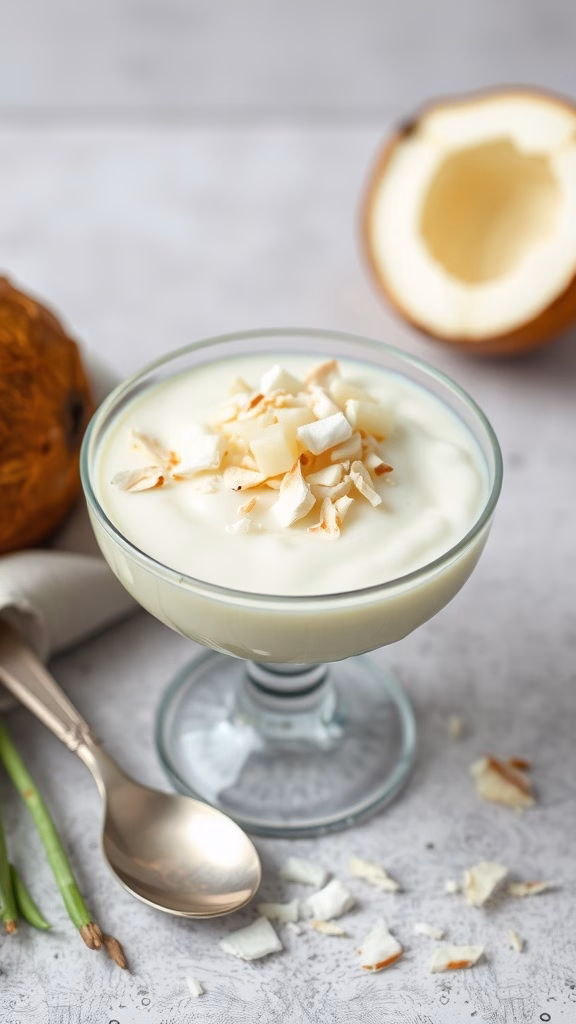 Bowl of longan coconut pudding topped with coconut flakes