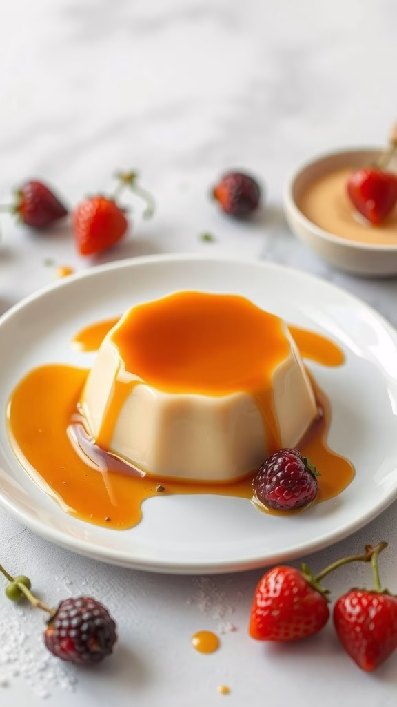 A creamy flan topped with caramel sauce and garnished with berries.