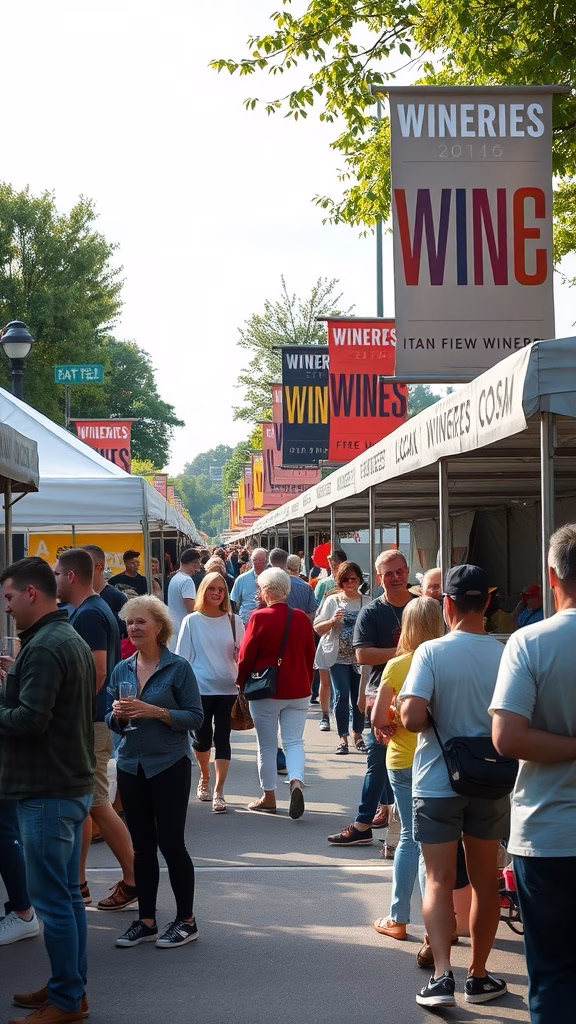 A busy local wine festival with people enjoying wine tastings and exploring various stalls.