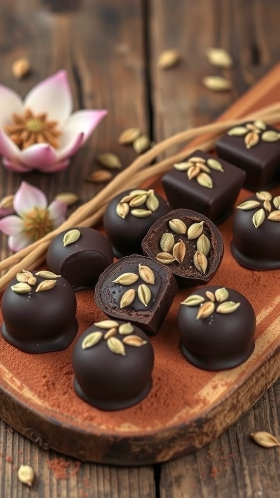 Delicious Lotus Seed Chocolate Truffles arranged on a wooden platter.