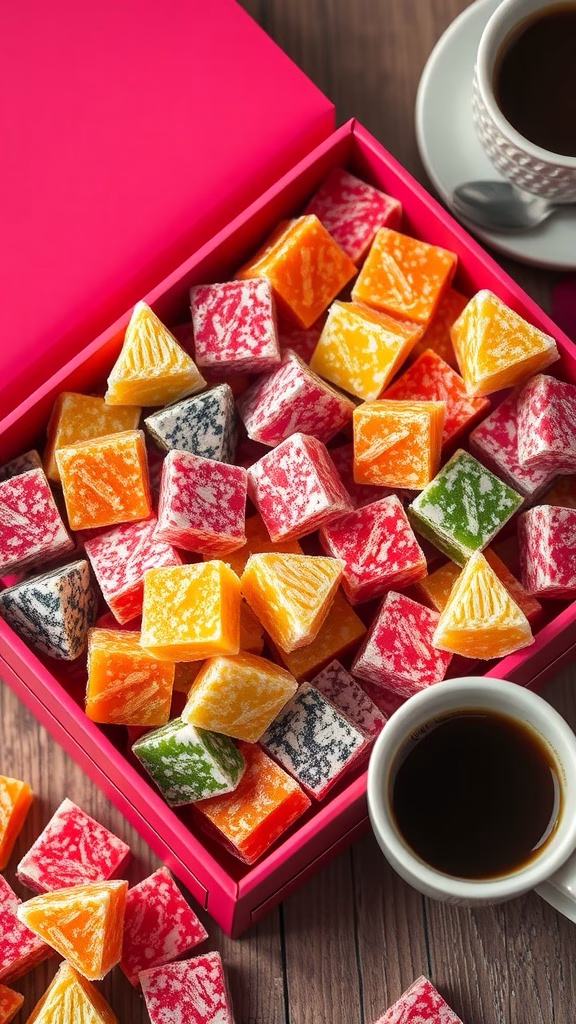 Colorful pieces of Turkish delight in a box