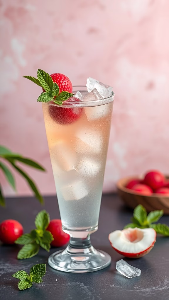 A refreshing Lychee and Coconut Sparkler mocktail garnished with mint and lychee.