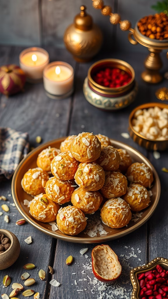A plate of golden colored Makhana Ladoo decorated with chopped nuts and grated coconut.