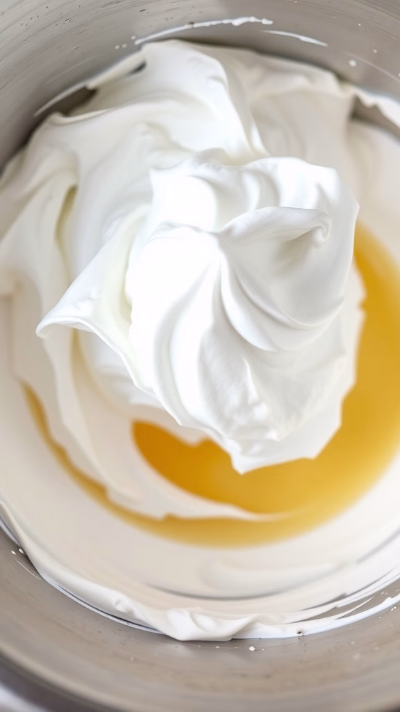 Whipped egg whites ready for meringue preparation with a glossy sheen.