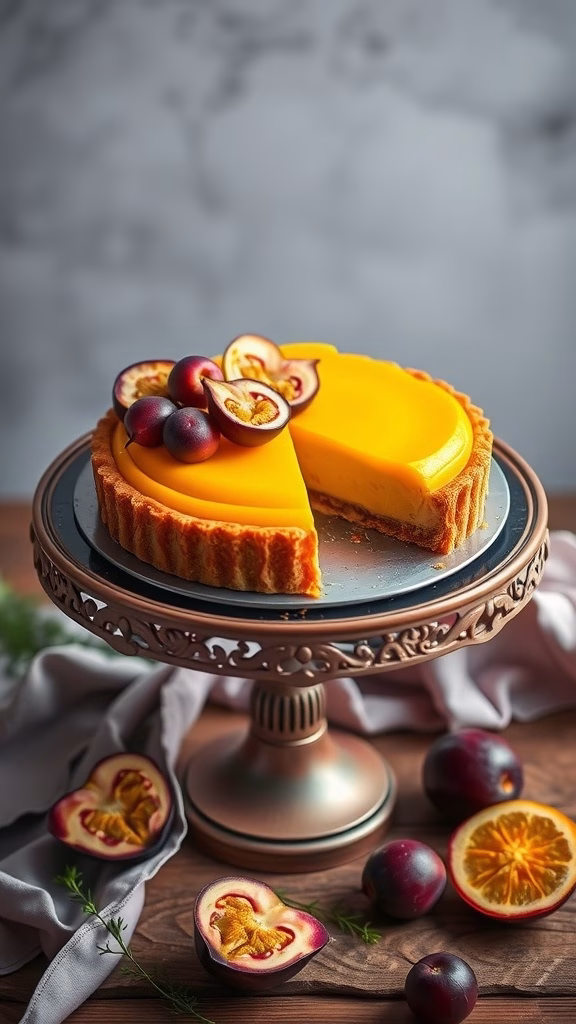 A vibrant mangosteen and passion fruit tart on a decorative cake stand.