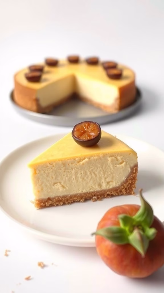 Delicious slice of mangosteen cheesecake topped with fresh fruit