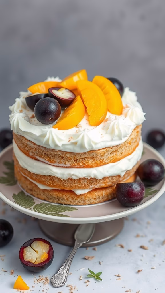 A beautiful layered mangosteen coconut cake topped with fresh fruit slices.