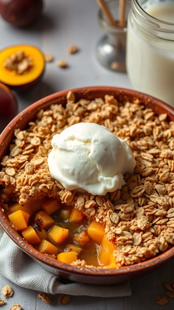 A delicious mangosteen crumble topped with oats and ice cream.