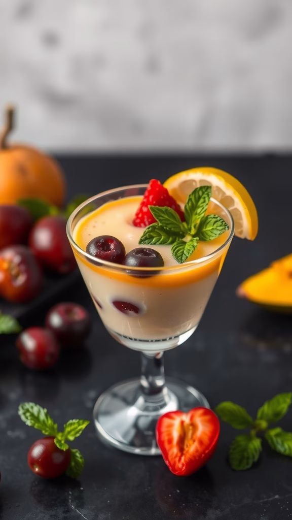 A glass of mangosteen panna cotta garnished with fresh mint and fruit.