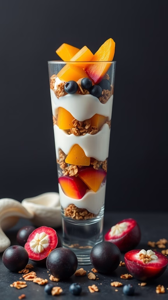 A delicious mangosteen parfait layered with yogurt, granola, and fresh fruits.
