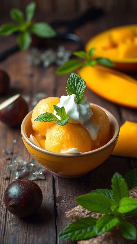 A bowl of mangosteen sorbet topped with coconut cream and mint leaves.