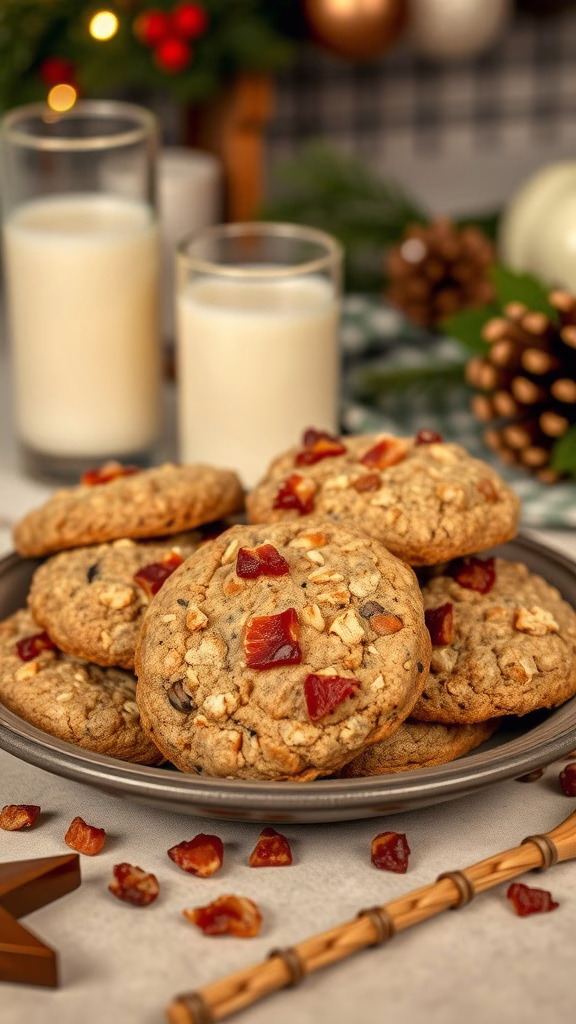 Delicious maple bacon oatmeal cookies on a plate with festive decorations