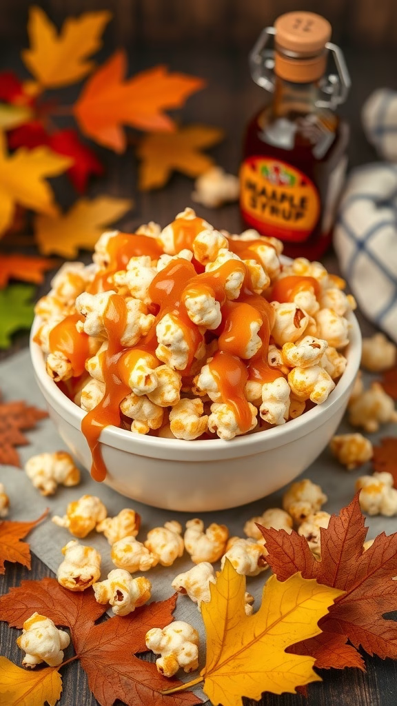A bowl of maple caramel popcorn drizzled with caramel sauce, surrounded by autumn leaves.