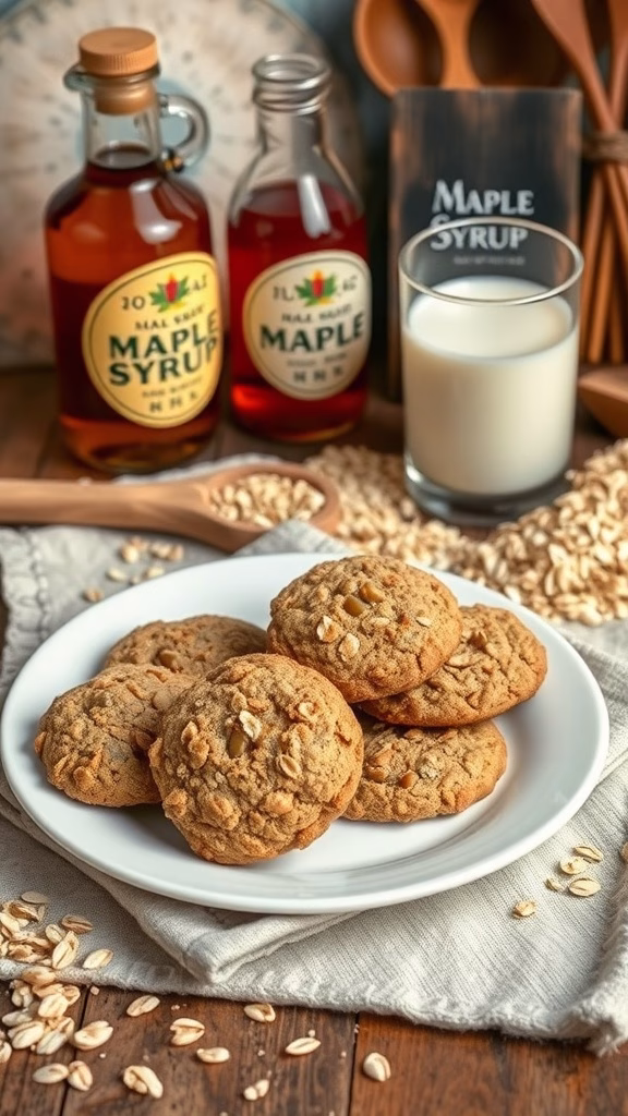 A plate of freshly baked maple oatmeal cookies on a wooden table.