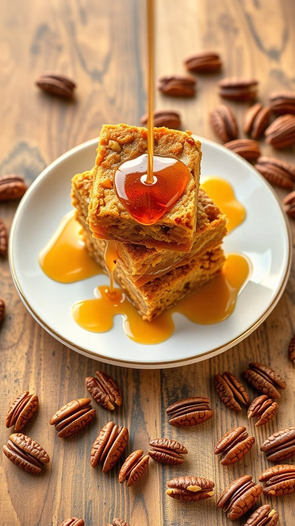Delicious maple pecan blondies with pecans and maple syrup drizzled on top.