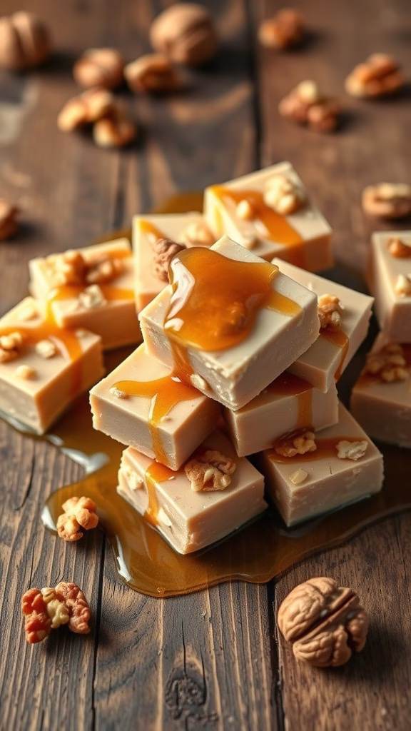 Delicious maple walnut fudge pieces topped with caramel and walnuts on a wooden surface.