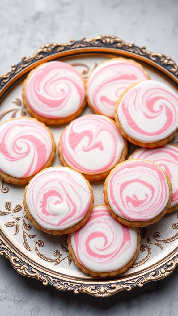 Marbled cookies with pink and white icing on a decorative plate