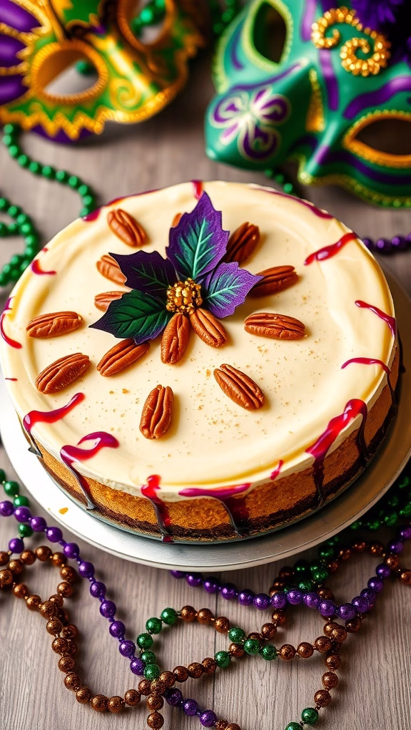 A delicious Mardi Gras praline cheesecake decorated with pecans and colorful accents.