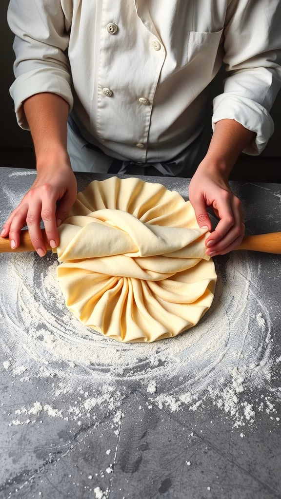 A baker folding puff pastry dough with a rolling pin on a floured surface.