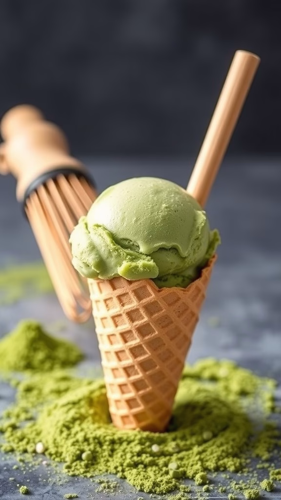 A delicious scoop of matcha green tea ice cream in a waffle cone
