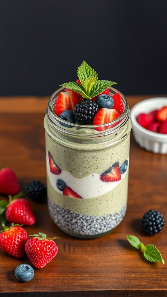 A jar of matcha protein chia pudding topped with strawberries, blueberries, and mint leaves.