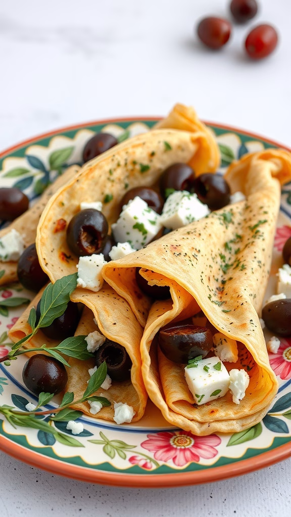 Crepes filled with feta cheese and olives, garnished with herbs on a decorative plate.