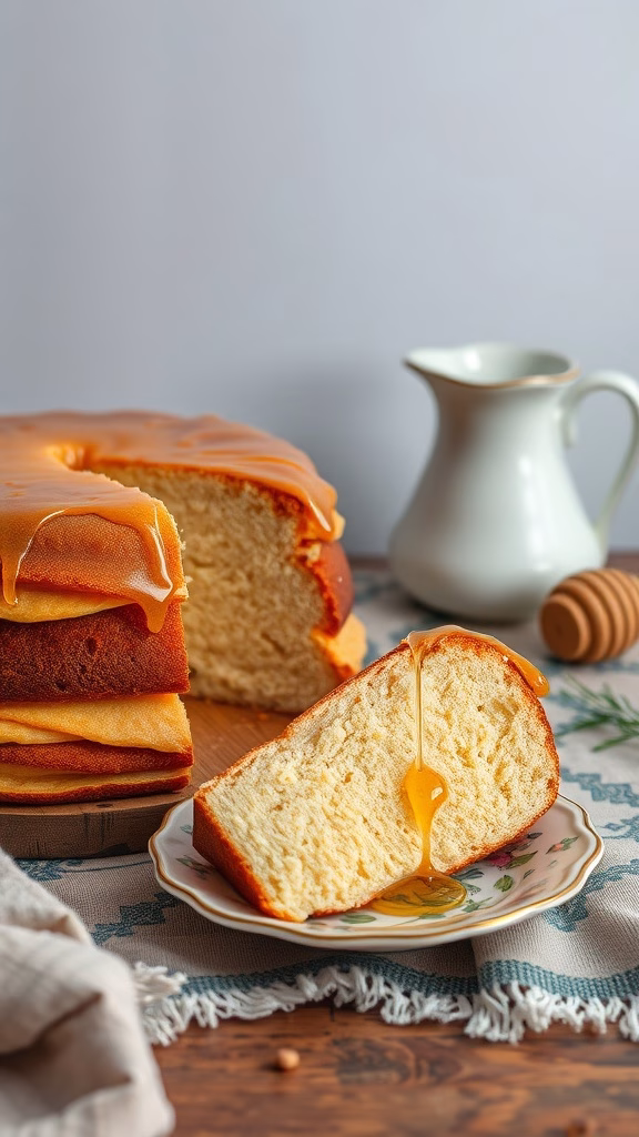 A slice of Medivnyk, a traditional Ukrainian honey cake, with honey drizzled on top.