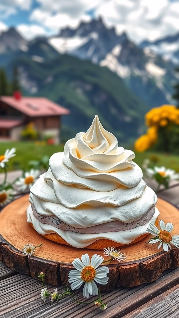 A beautiful serving of meringue topped with double cream, perfect for enjoying rustic Swiss dessert.