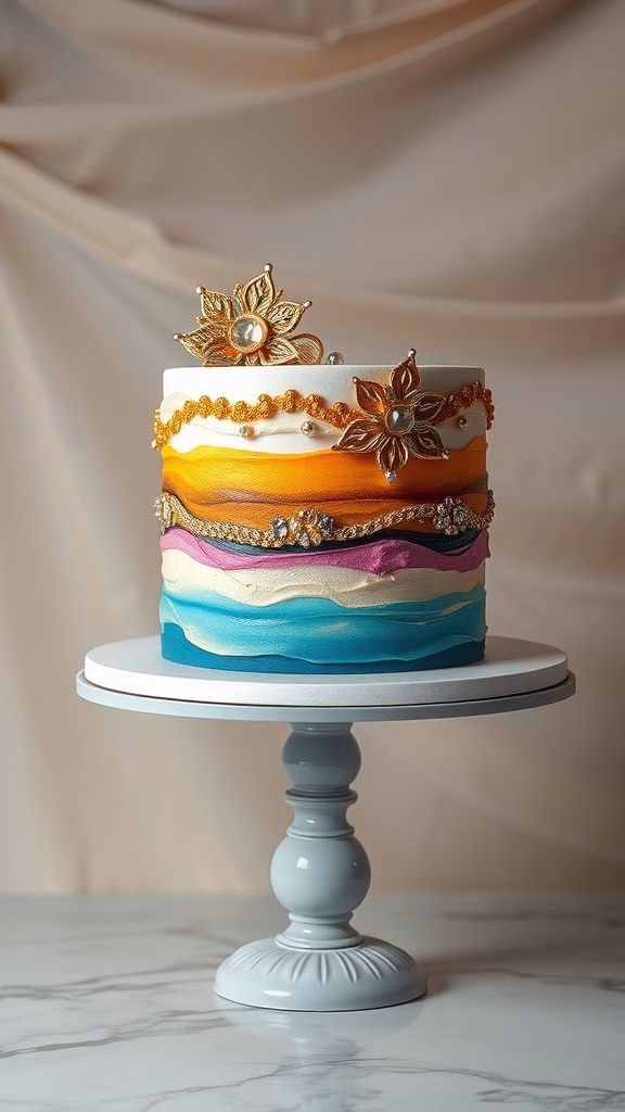A beautifully decorated cake with vibrant layers and metallic accents on a cake stand.
