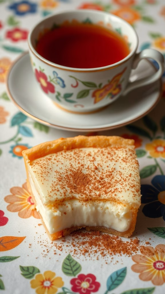 Slice of Milk Tart (Melktert) with a cup of tea
